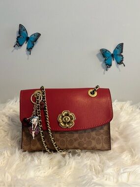 Coach Rare Red Parker Brown Signatyre Tealock Crossbody